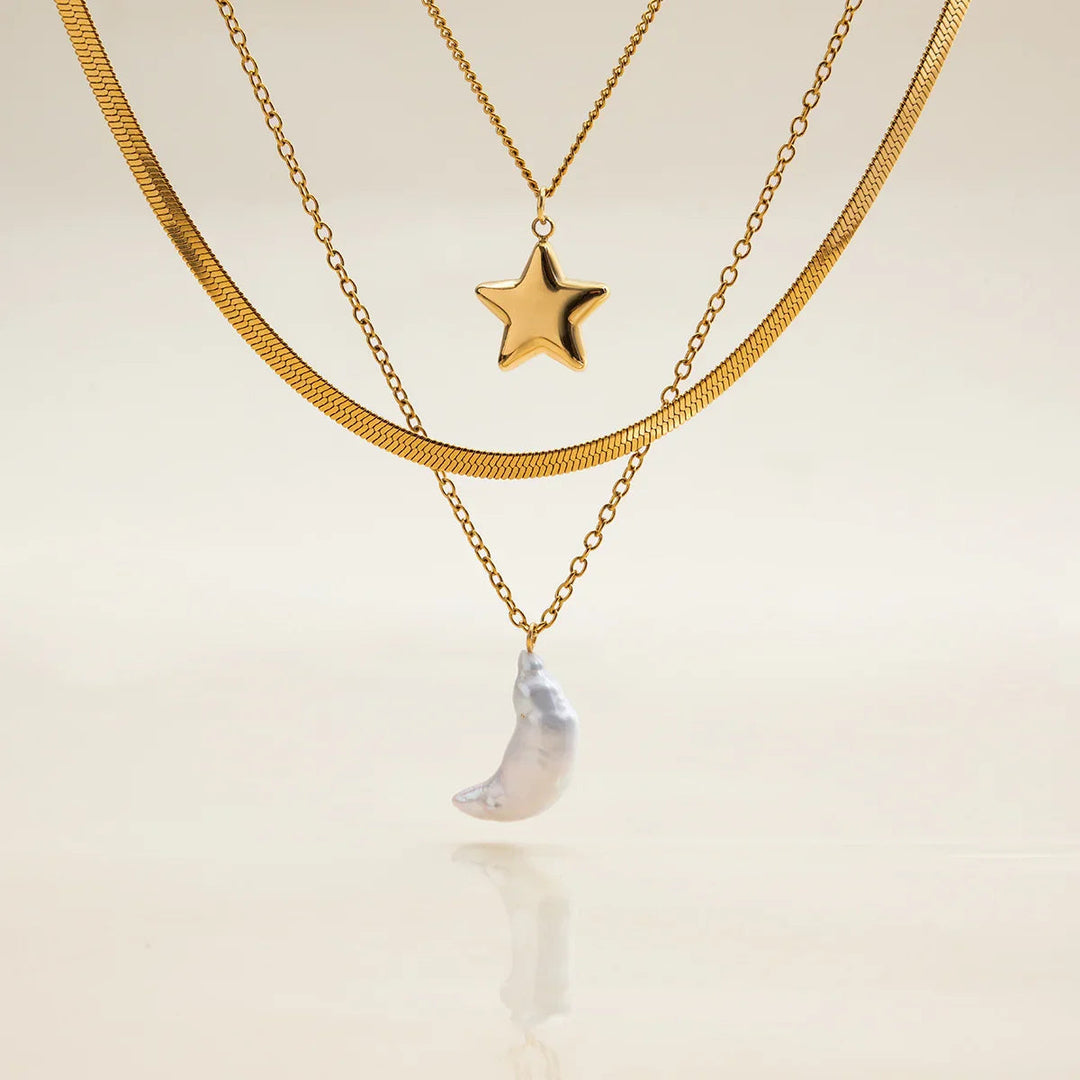 Gold Plated Faux Pearl Layered Pendant Necklace for Women