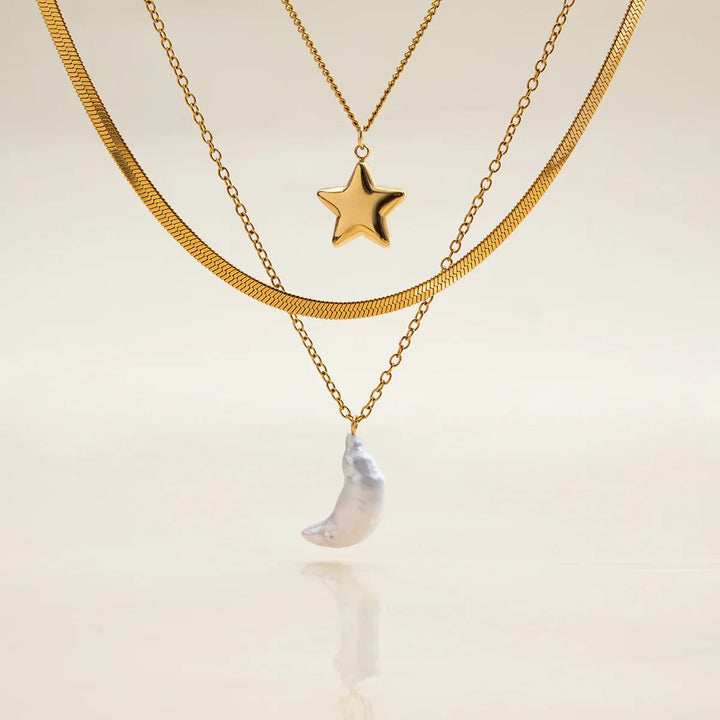Gold Plated Faux Pearl Layered Pendant Necklace for Women