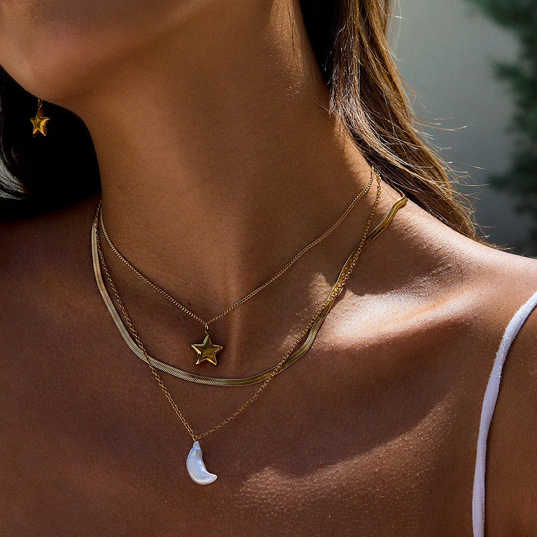 Gold Plated Faux Pearl Layered Pendant Necklace for Women