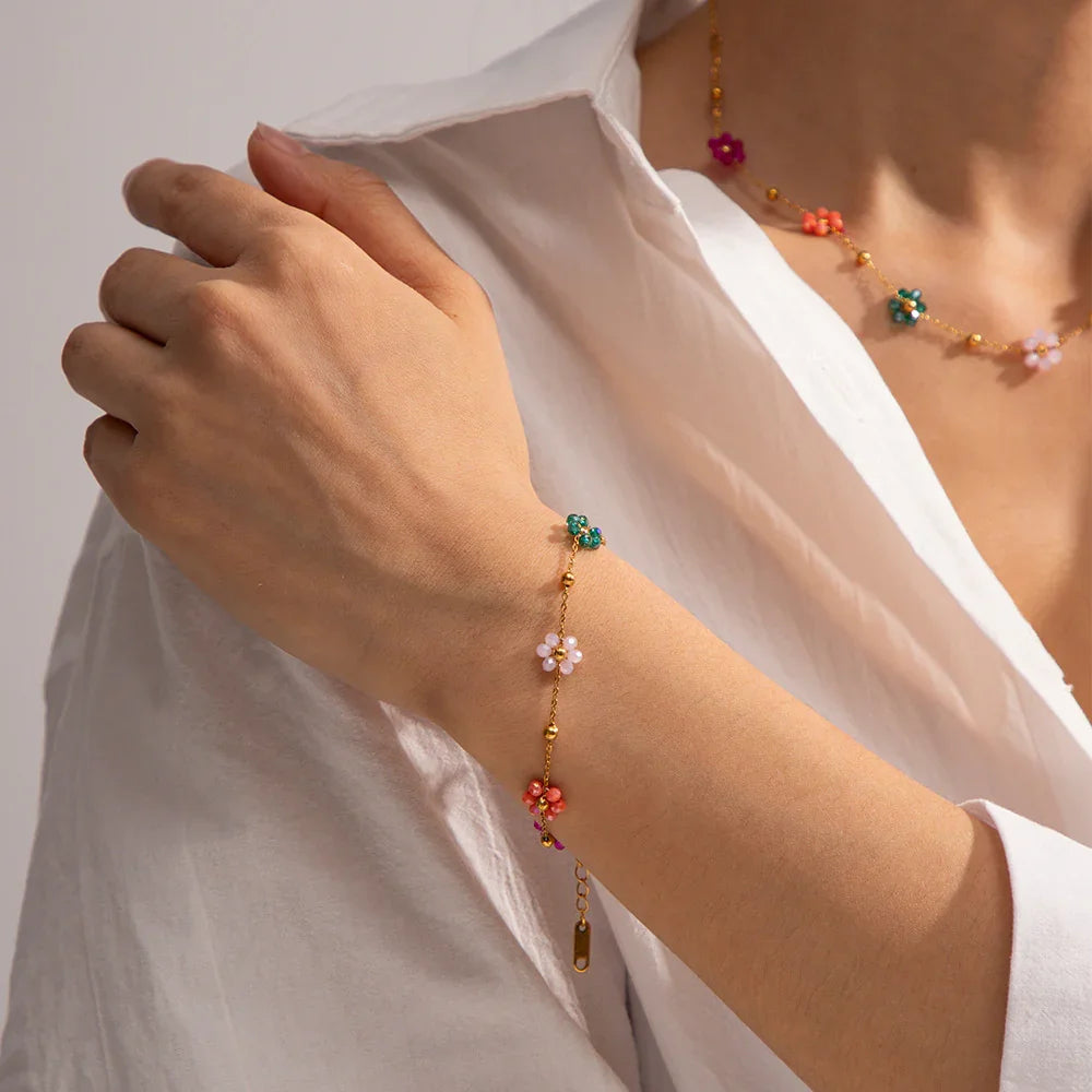 Gold-Plated Glass Flower Bracelet for Women