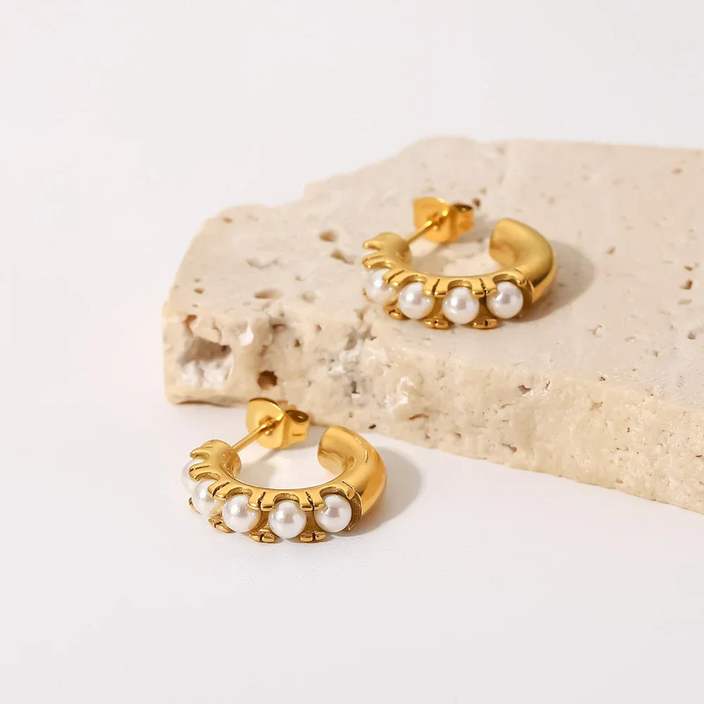Gold-Plated Faux Pearl Huggie Hoop Earrings Women