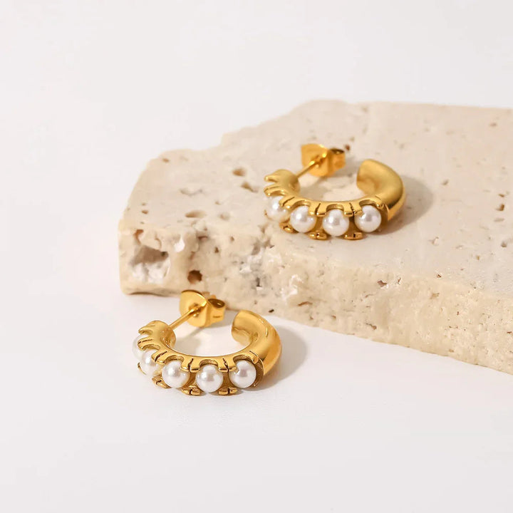 Gold-Plated Faux Pearl Huggie Hoop Earrings Women