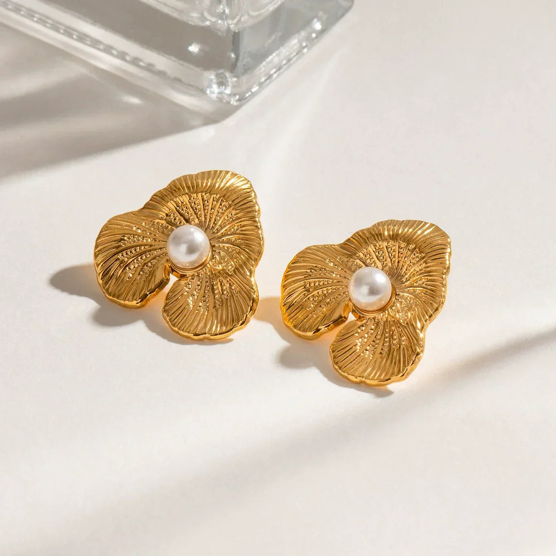 Gold-Plated Faux Pearl Floral Stud Earrings for Women