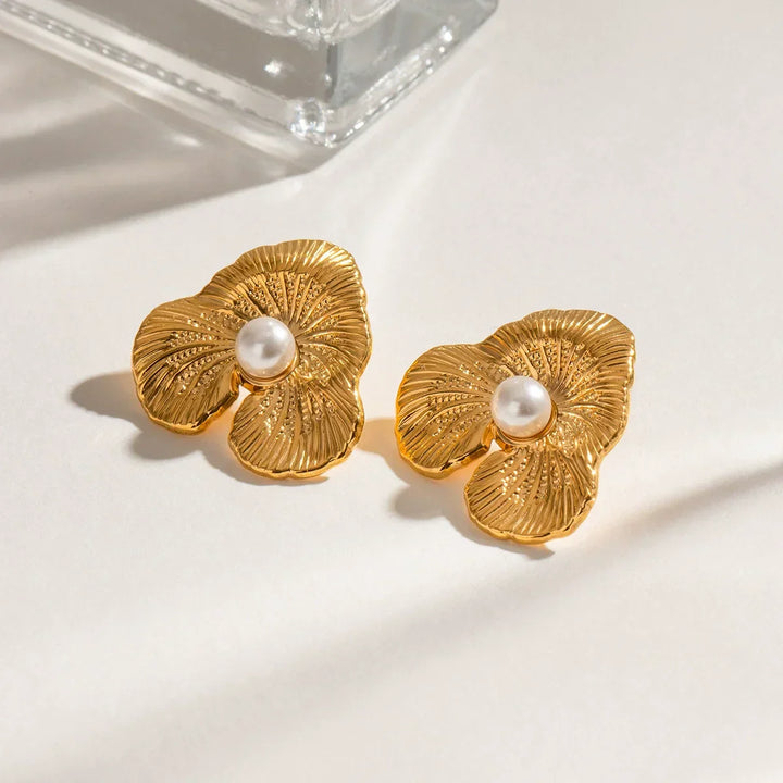 Gold-Plated Faux Pearl Floral Stud Earrings for Women
