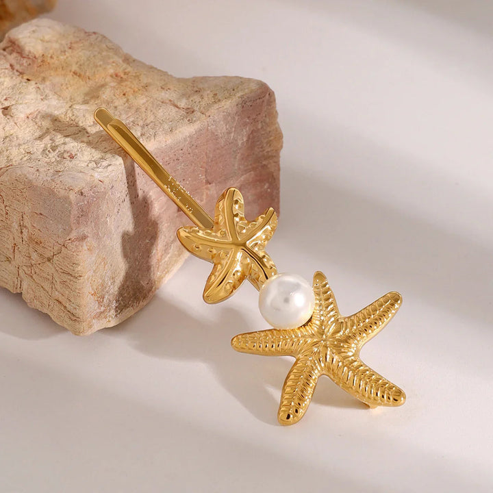 Gold-Plated Twin Starfish-Freshwater Pearl French Pin