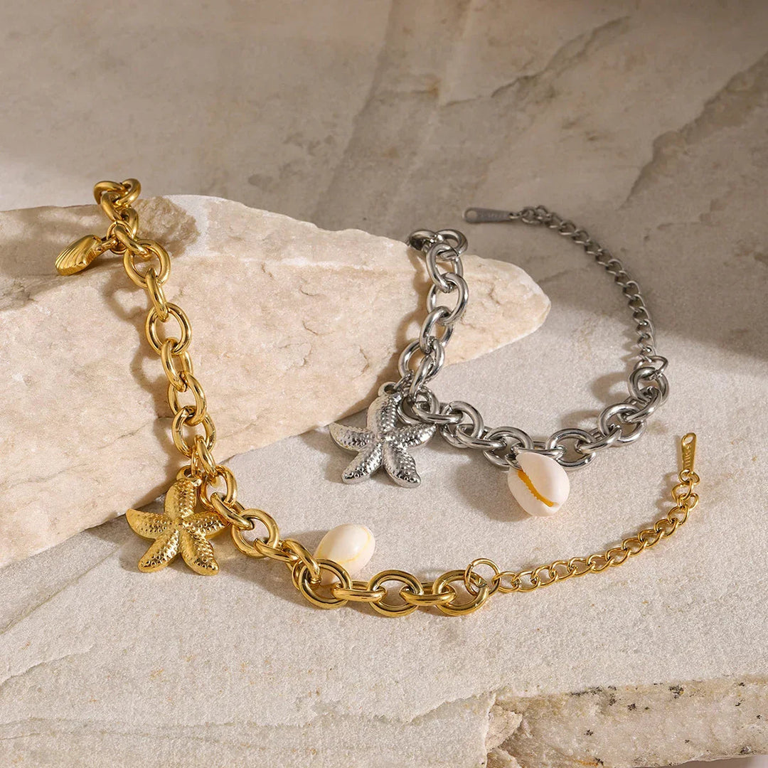 Gold-Plated Bracelet with Starfish, Shell, and Conch Pendants