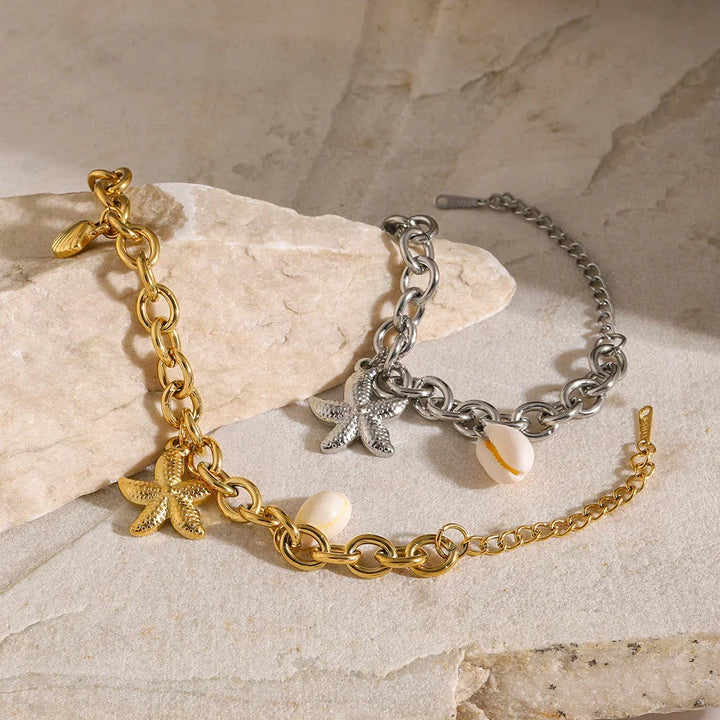 Gold-Plated Bracelet with Starfish, Shell, and Conch Pendants