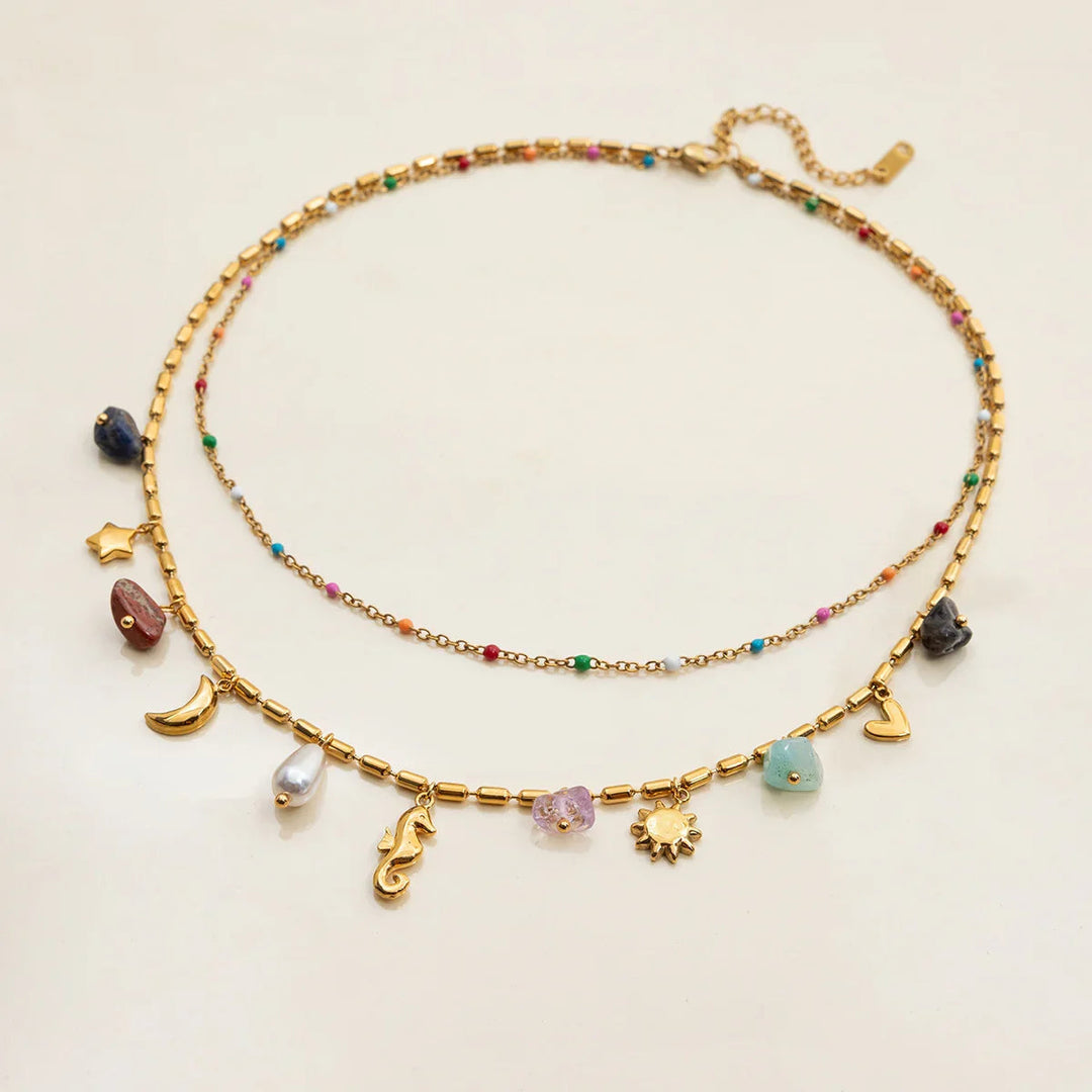 Gold Plated Faux Pearl Charm Layered Necklace for Women