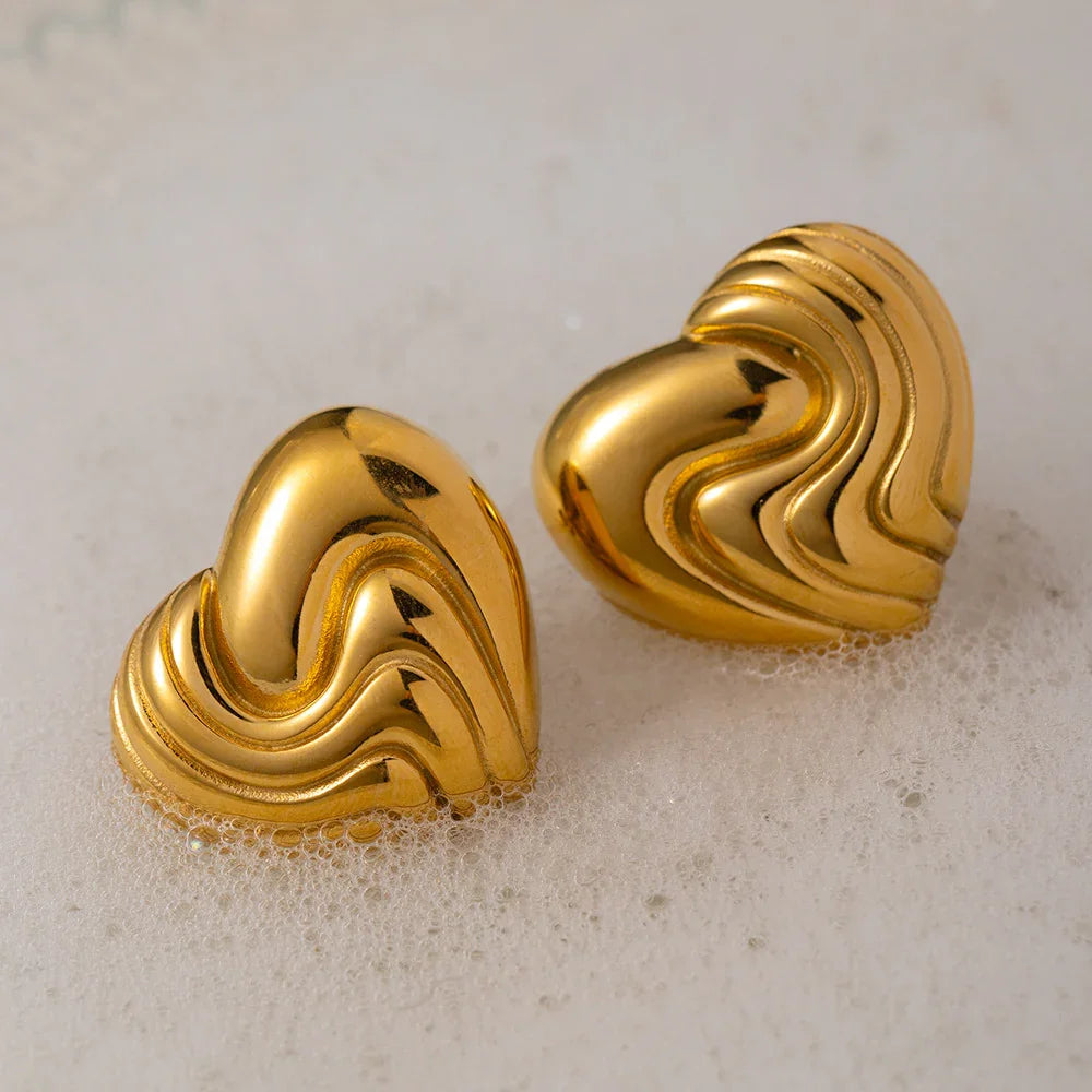 Gold-Plated Heart Earrings with Wavy Design