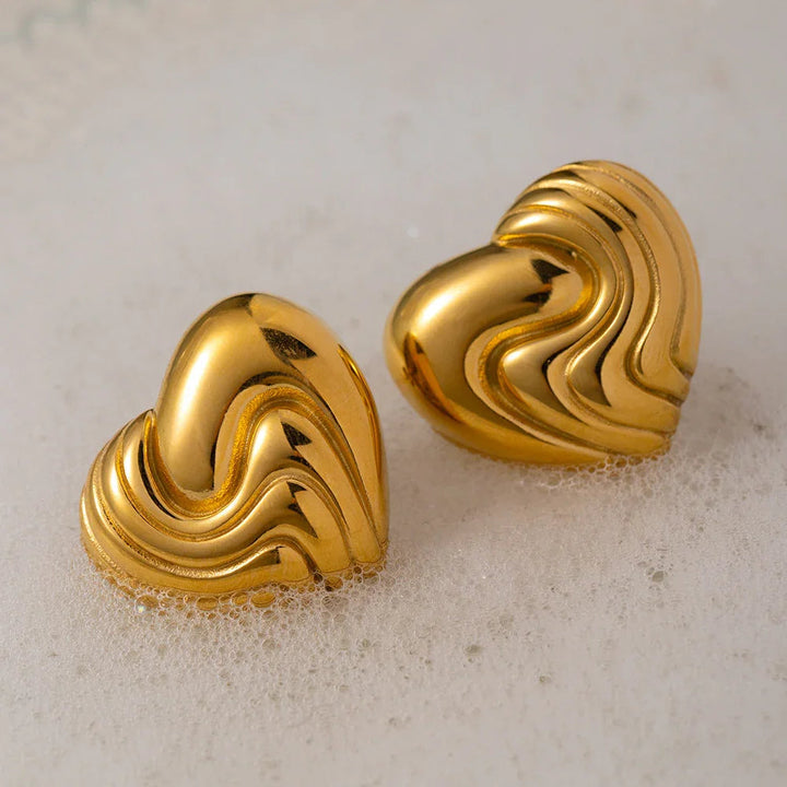 Gold-Plated Heart Earrings with Wavy Design