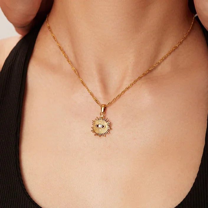 Gold-Plated CZ Sun Pendant Necklace for Women