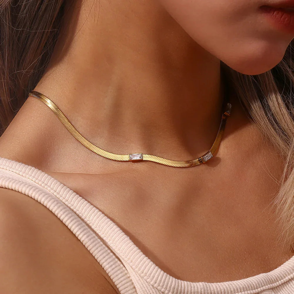 Gold-Plated Cubic Zirconia Herringbone Chain Necklace for Women