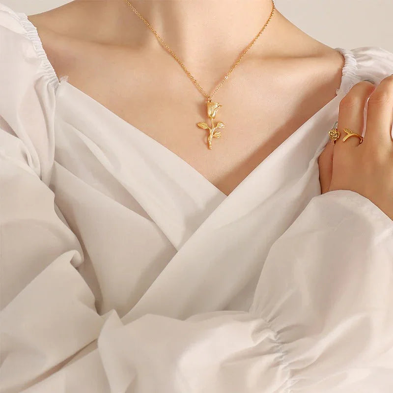 Gold-Plated Rose Pendant Necklace for Women