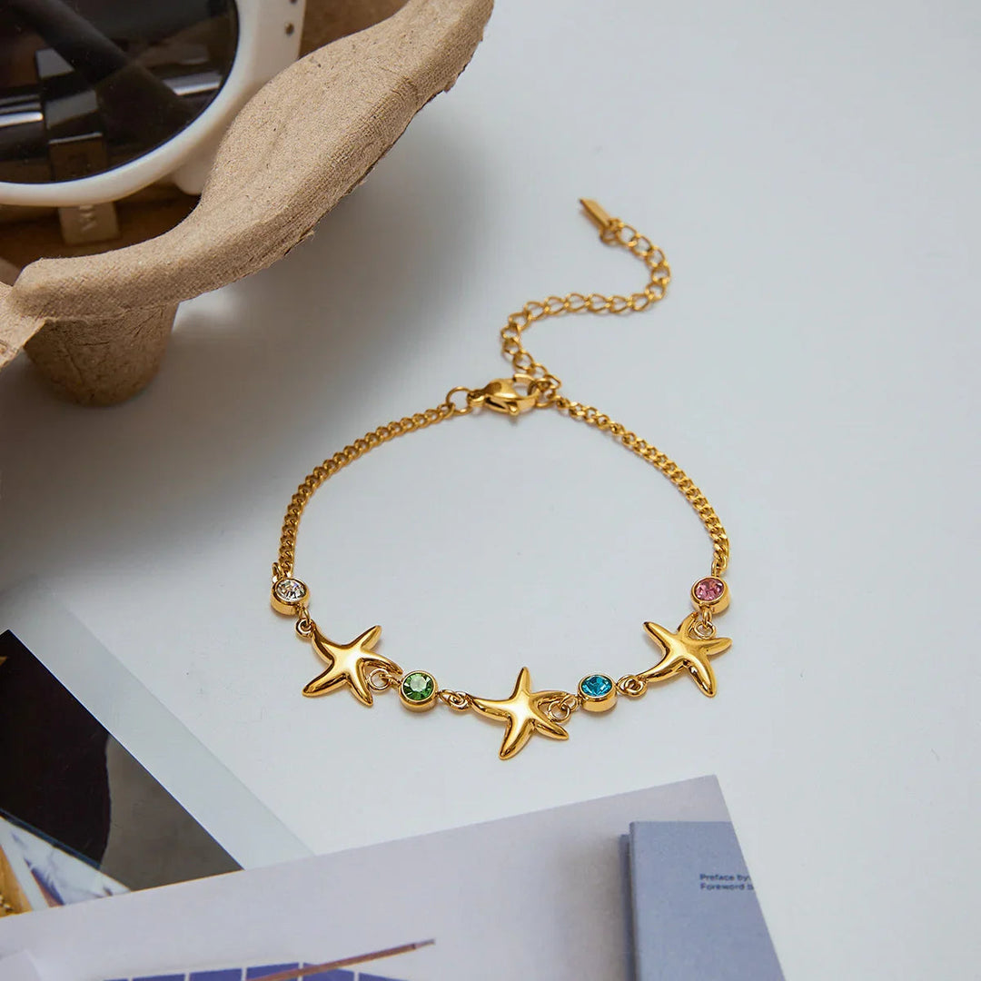 Gold Plated Stainless Steel Crystal Starfish Bracelet for Women