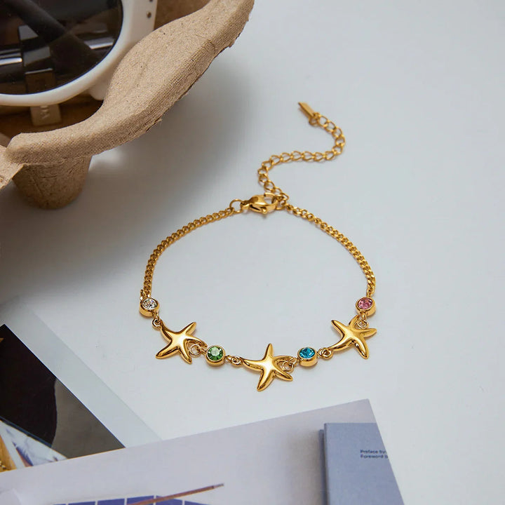 Gold Plated Stainless Steel Crystal Starfish Bracelet for Women