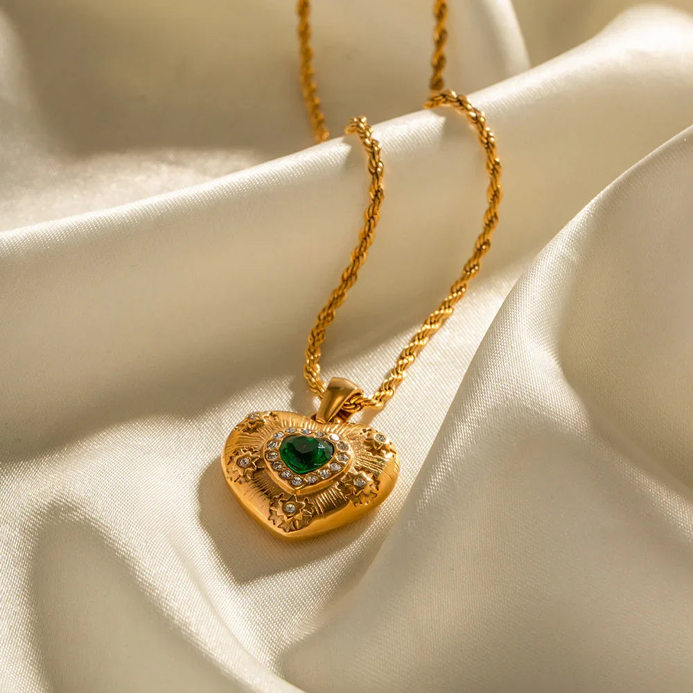Gold-Plated Heart Necklace with Emerald Center and Diamond Simulants