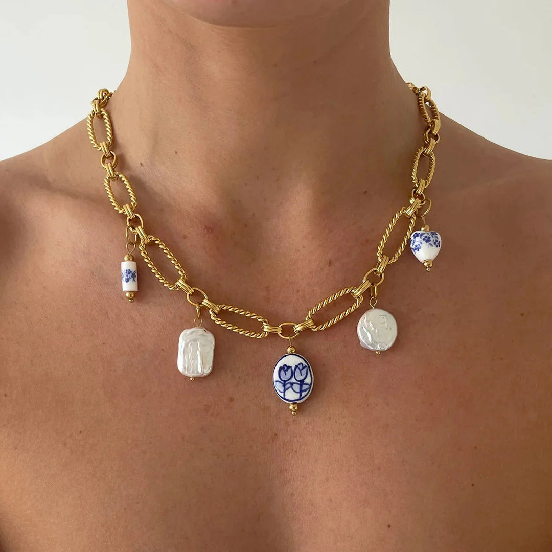 Gold-Plated Faux Pearl Charm Necklace for Women