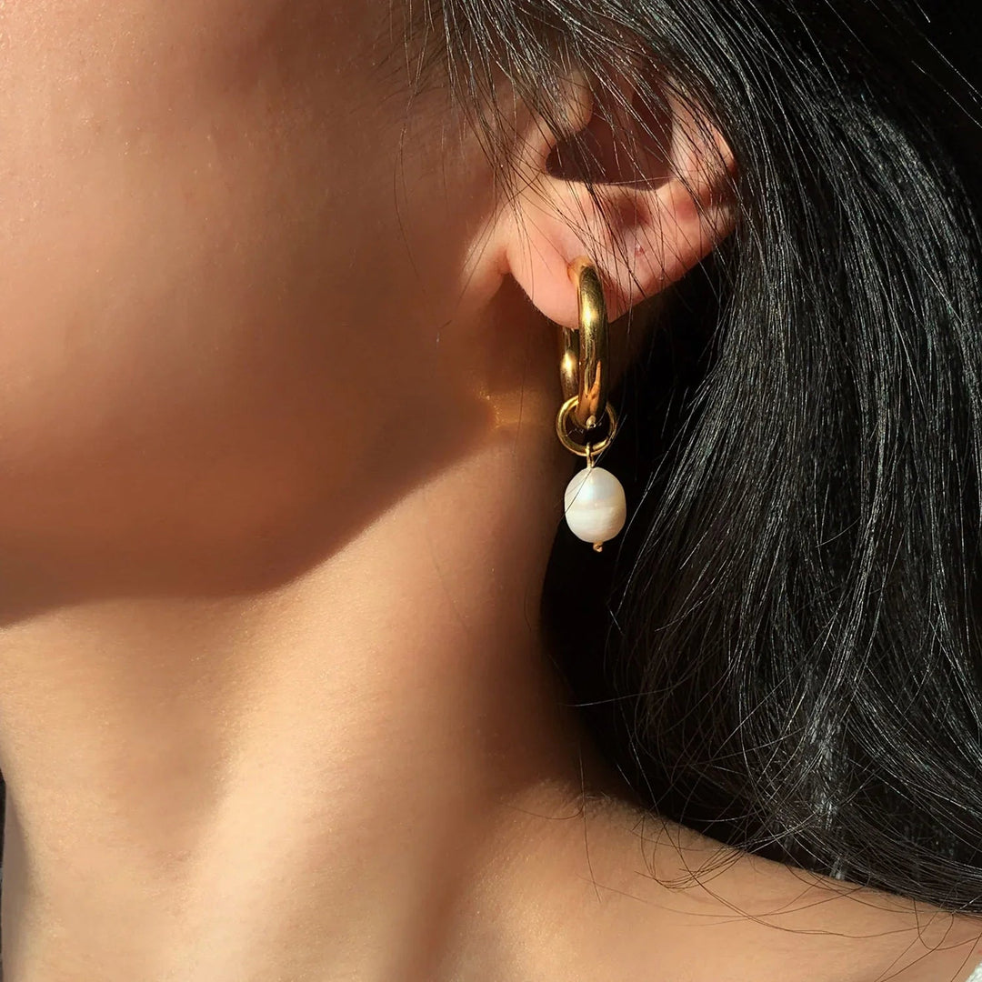 Gold-Plated Stainless Steel Faux Pearl Hoop Drop Earrings for Women