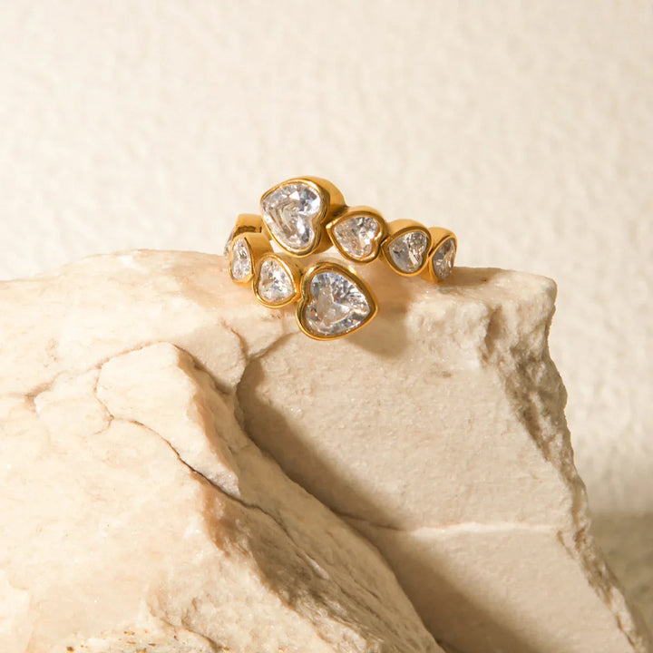 Gold-Plated Adjustable Heart Ring with CZ Stones