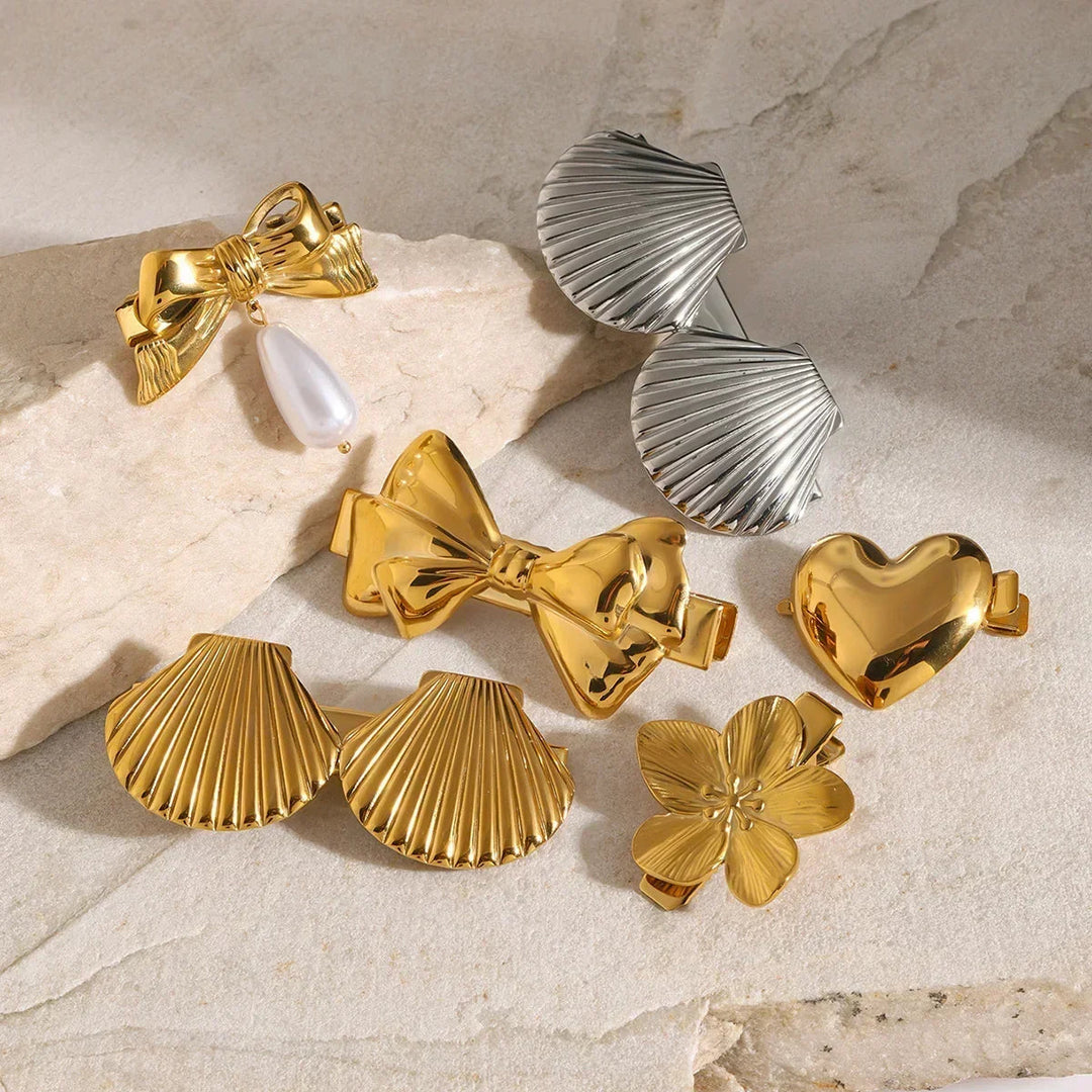Gold-Plated Bow Hair Clip with Faux Pearl