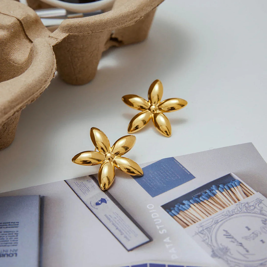 Gold Plated Stainless Steel Floral Stud Earrings for Women