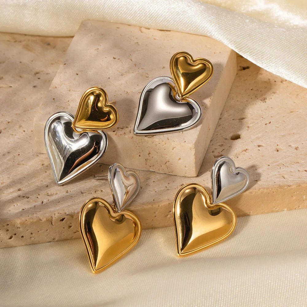 Gold Silver Two-Tone Heart Earrings with Stainless Steel
