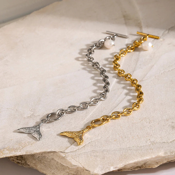 Gold-Plated Freshwater Pearl Bracelet with Mermaid Tail Pendant