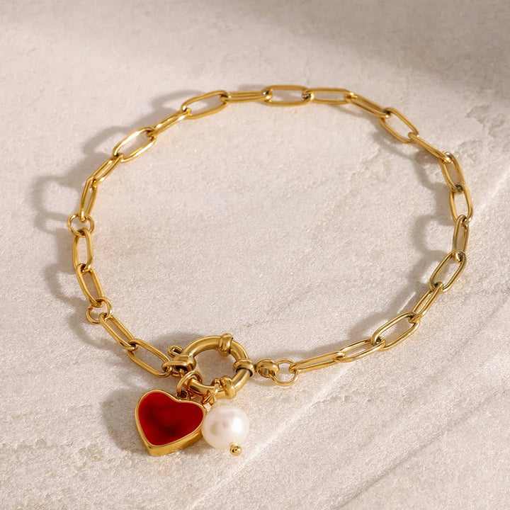 Gold-Plated Heart Chain Pearl Bracelet