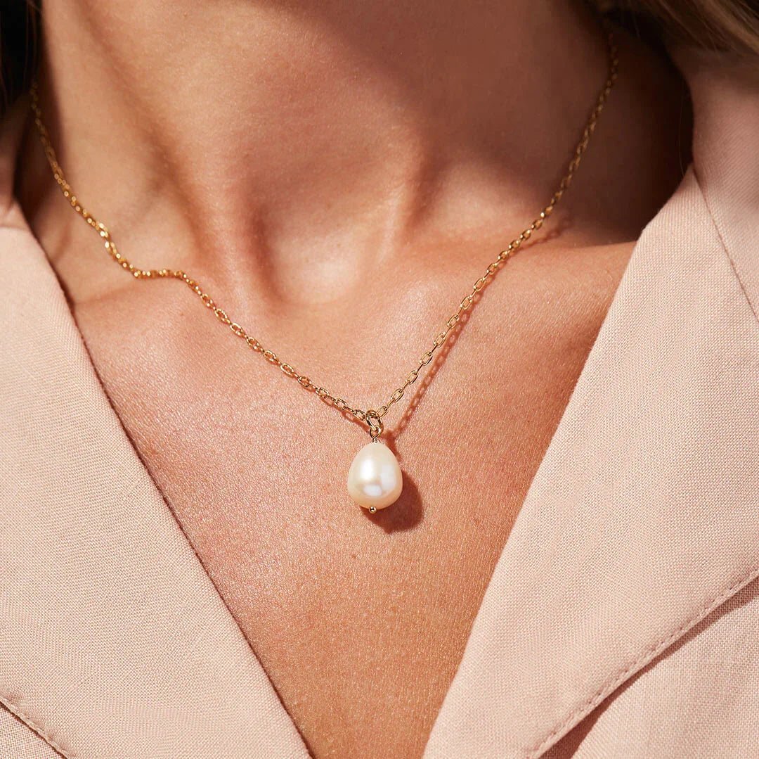 Gold-Tone Oval Faux Pearl Drop Necklace