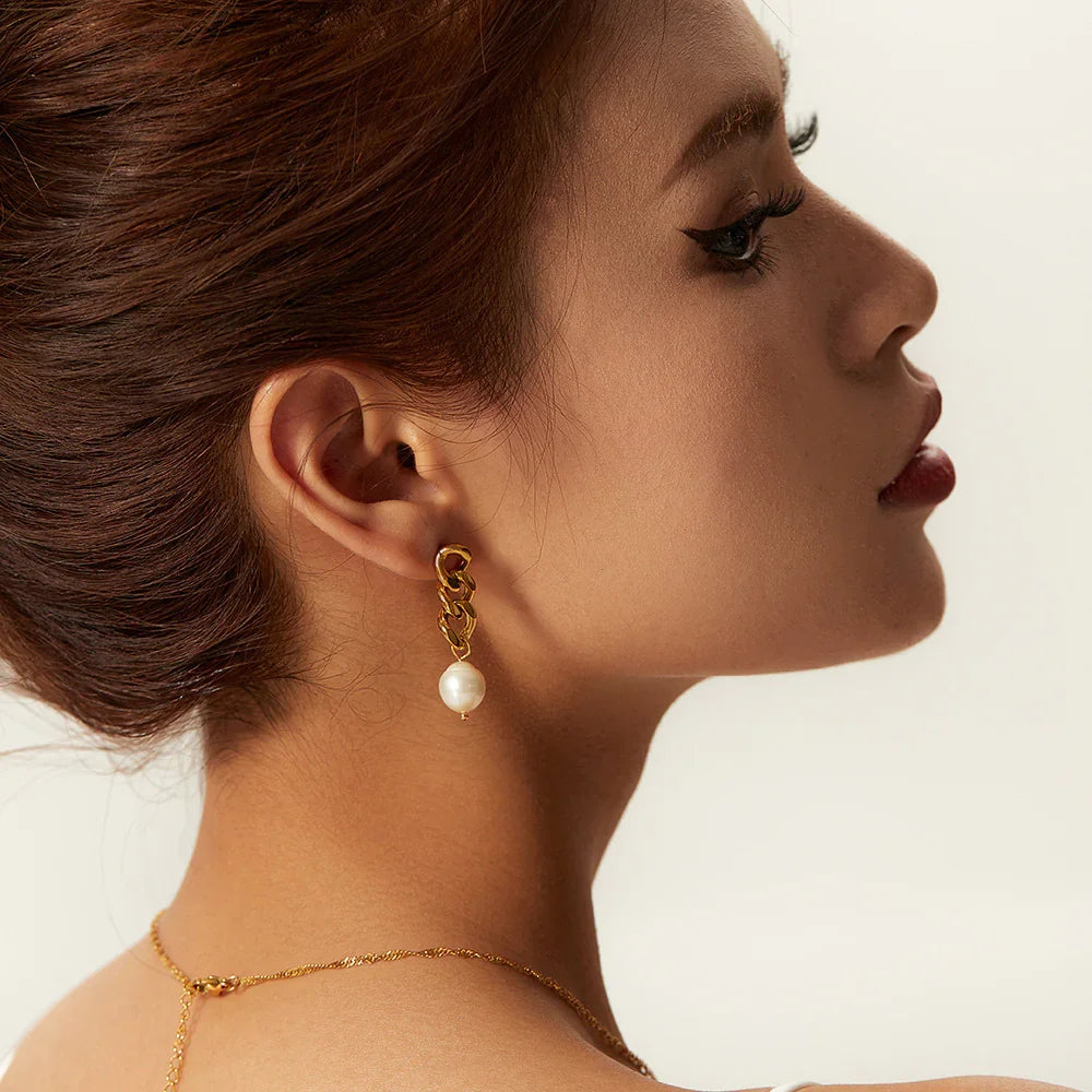 Gold-Plated Faux Pearl Chain Drop Earrings