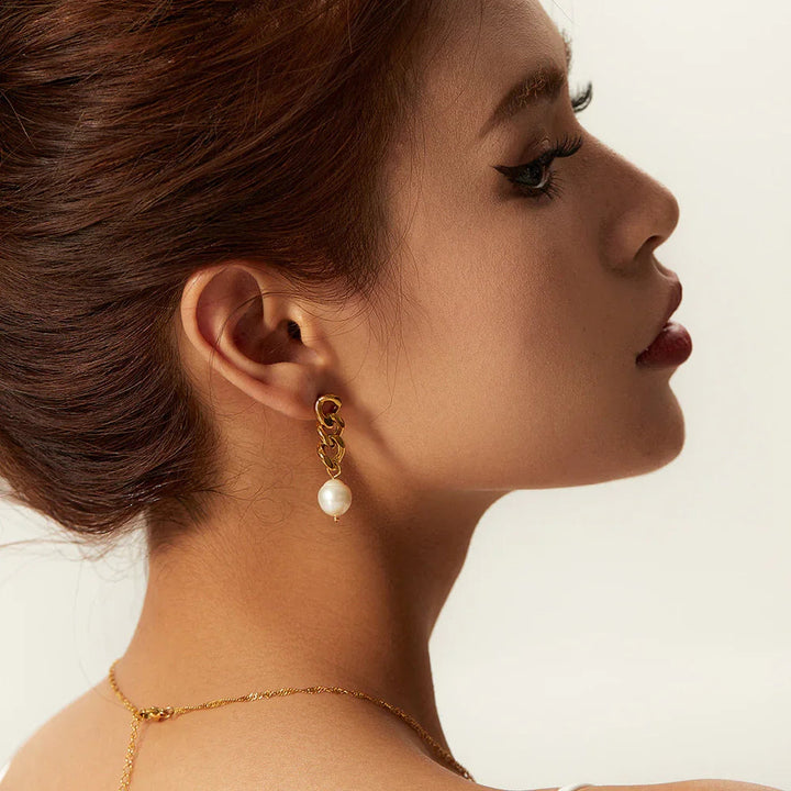 Gold-Plated Faux Pearl Chain Drop Earrings