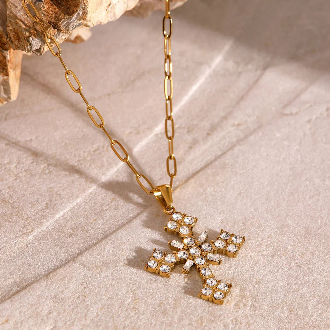Gold-Plated Crystal Cross Pendant Necklace