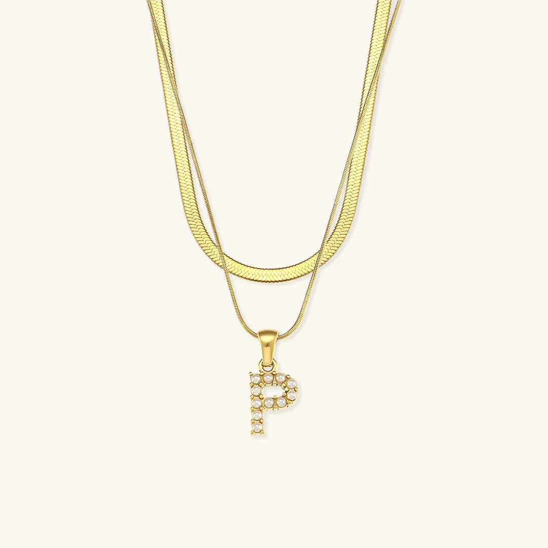 Gold-Plated Layered Initial Letter Necklace with Freshwater Pearls