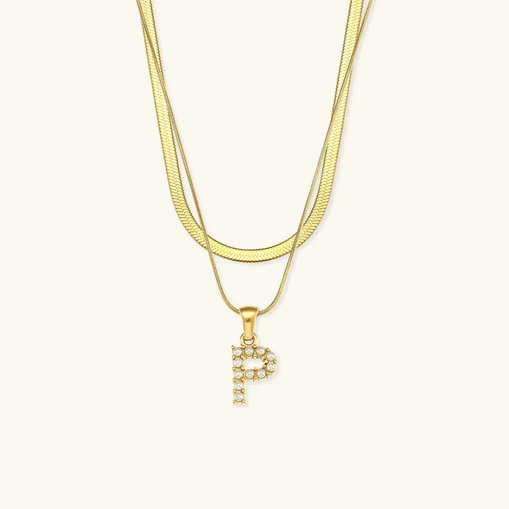 Gold-Plated Layered Initial Letter Necklace with Freshwater Pearls