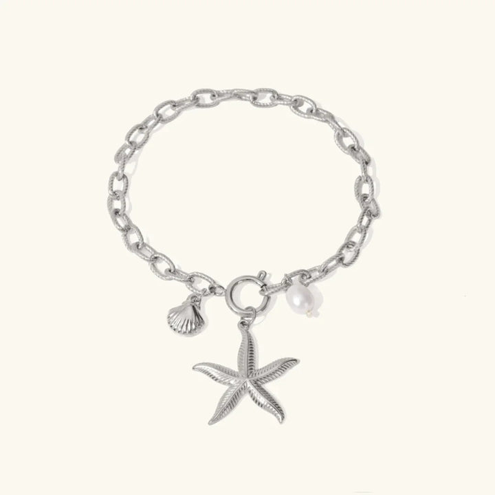 Gold-Plated Freshwater Pearl Bracelet with Starfish and Seashell Pendants