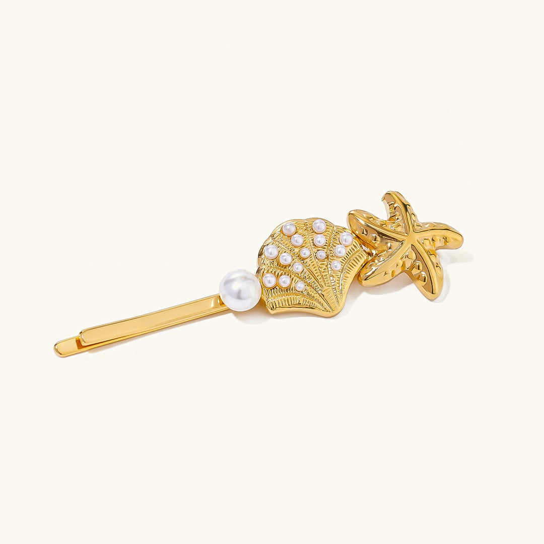 Gold-Plated Pearl Pin with Starfish &amp; Shell Detail