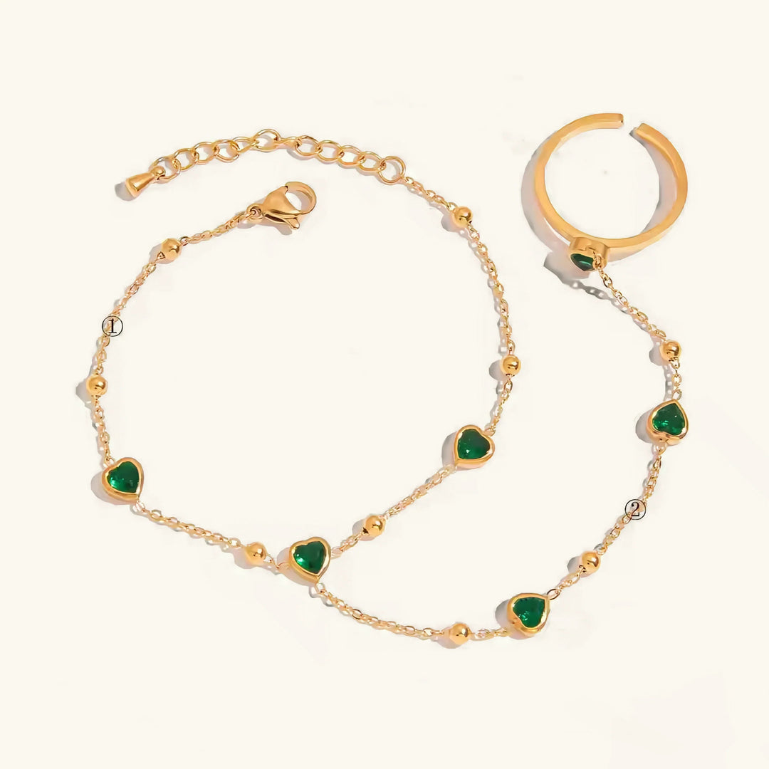 Gold-Plated Green Synthetic Stone Heart Hand Chain for Women