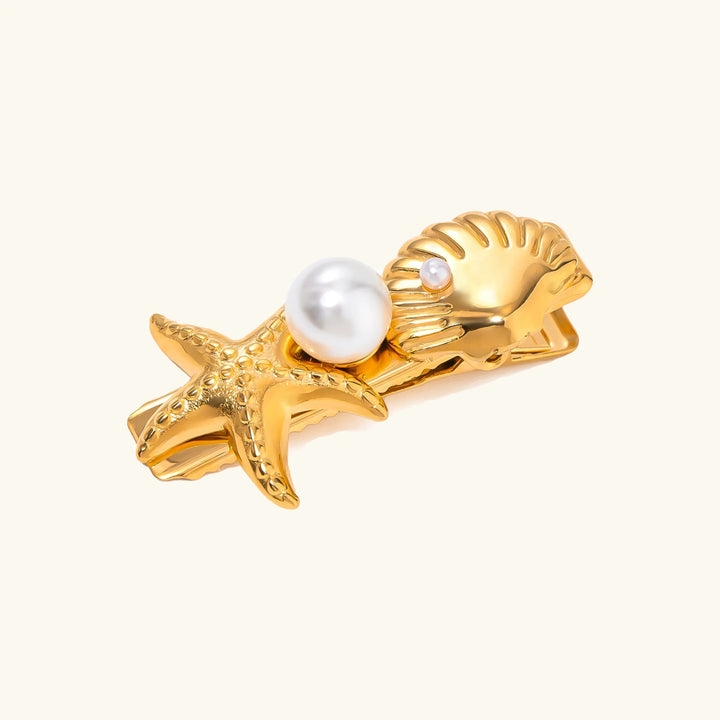 Gold-Plated Sea Shell &amp;amp; Starfish Hair Clip with Faux Pearl