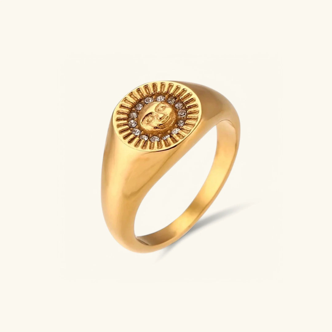 Gold-Plated CZ Sunface Signet Ring for Women
