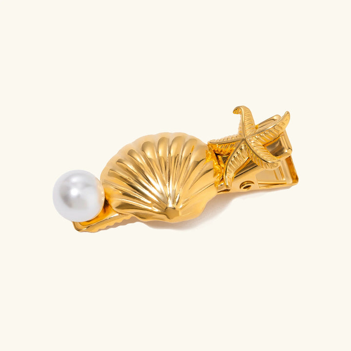 Gold-Plated Seashell Starfish and Faux Pearl Hair Clip