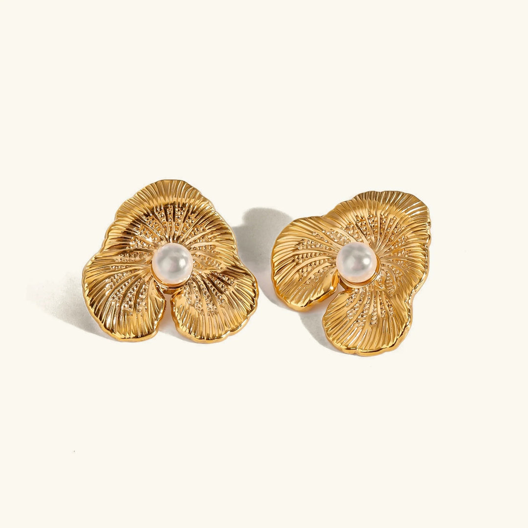 Gold-Plated Faux Pearl Floral Stud Earrings for Women
