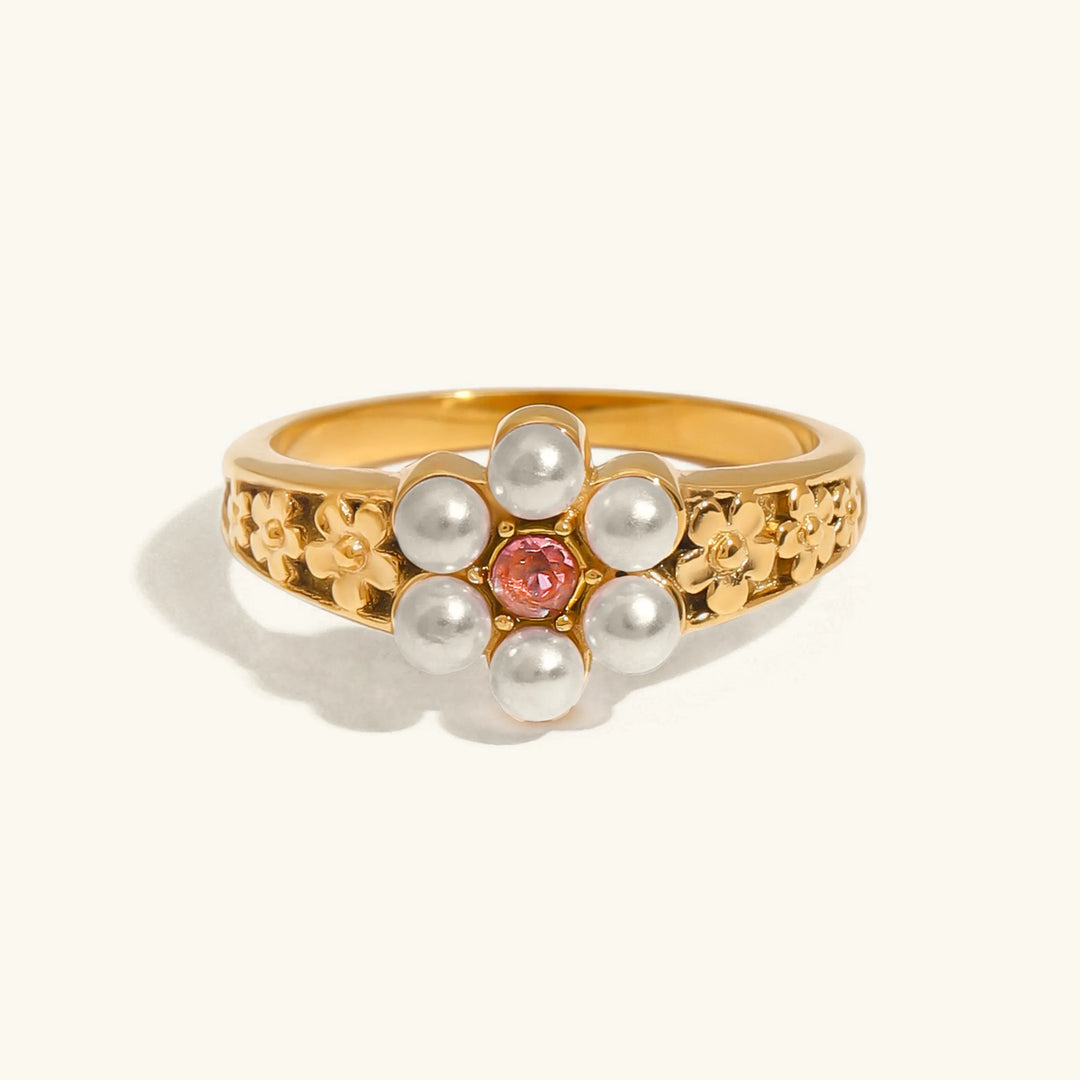 Gold-Plated Faux Pearl Floral Statement Ring for Women