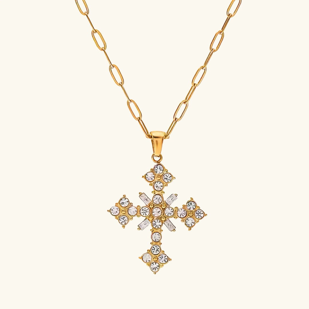 Gold-Plated Crystal Cross Pendant Necklace