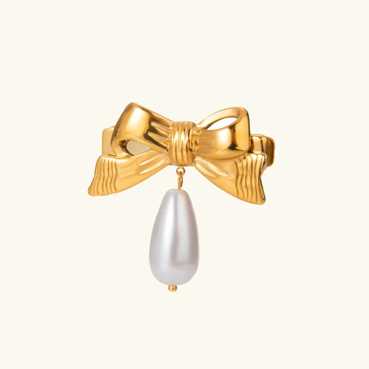 Gold-Plated Bow Hair Clip with Faux Pearl