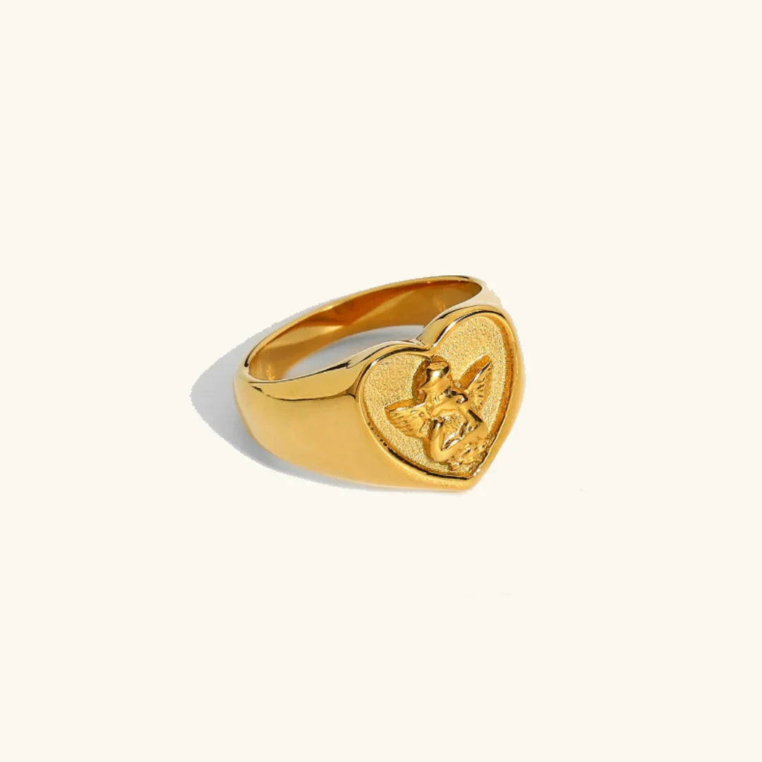 Gold-Plated Heart-Shaped Ring with Engraved Angel