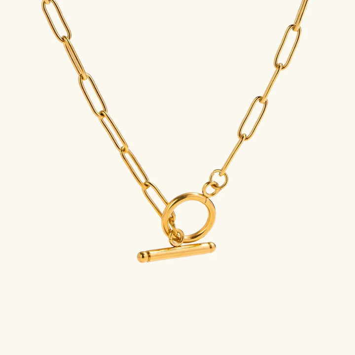Gold-Plated Paper-Clip Chain Necklace with Interlocking Bar and Circle Design
