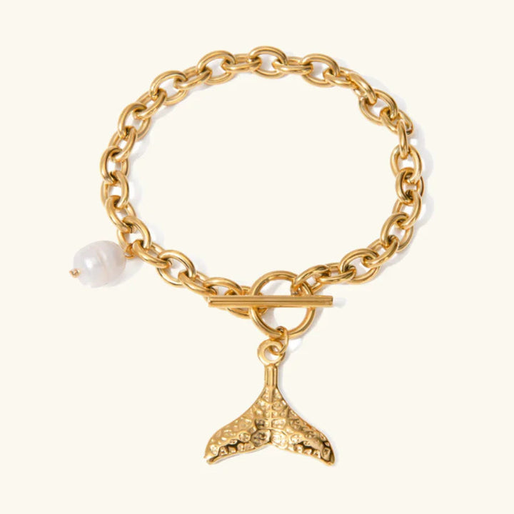 Gold-Plated Freshwater Pearl Bracelet with Mermaid Tail Pendant