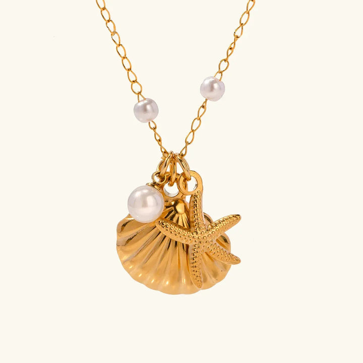 Gold-Plated Necklace with Freshwater Pearls and Seashell and Starfish Pendants