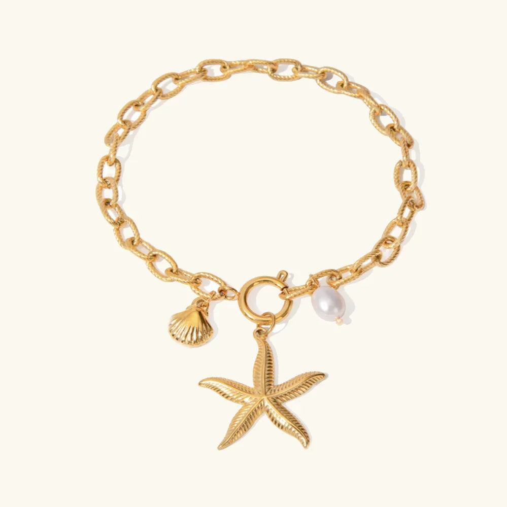 Gold-Plated Freshwater Pearl Bracelet with Starfish and Seashell Pendants