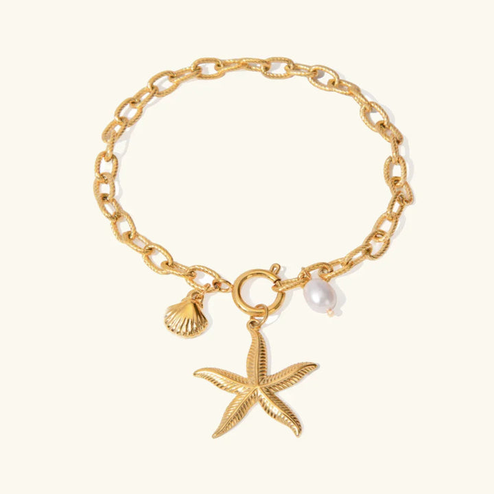 Gold-Plated Freshwater Pearl Bracelet with Starfish and Seashell Pendants